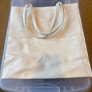 Saks Fifth Avenue Faux Leather Perforated Cream Tote